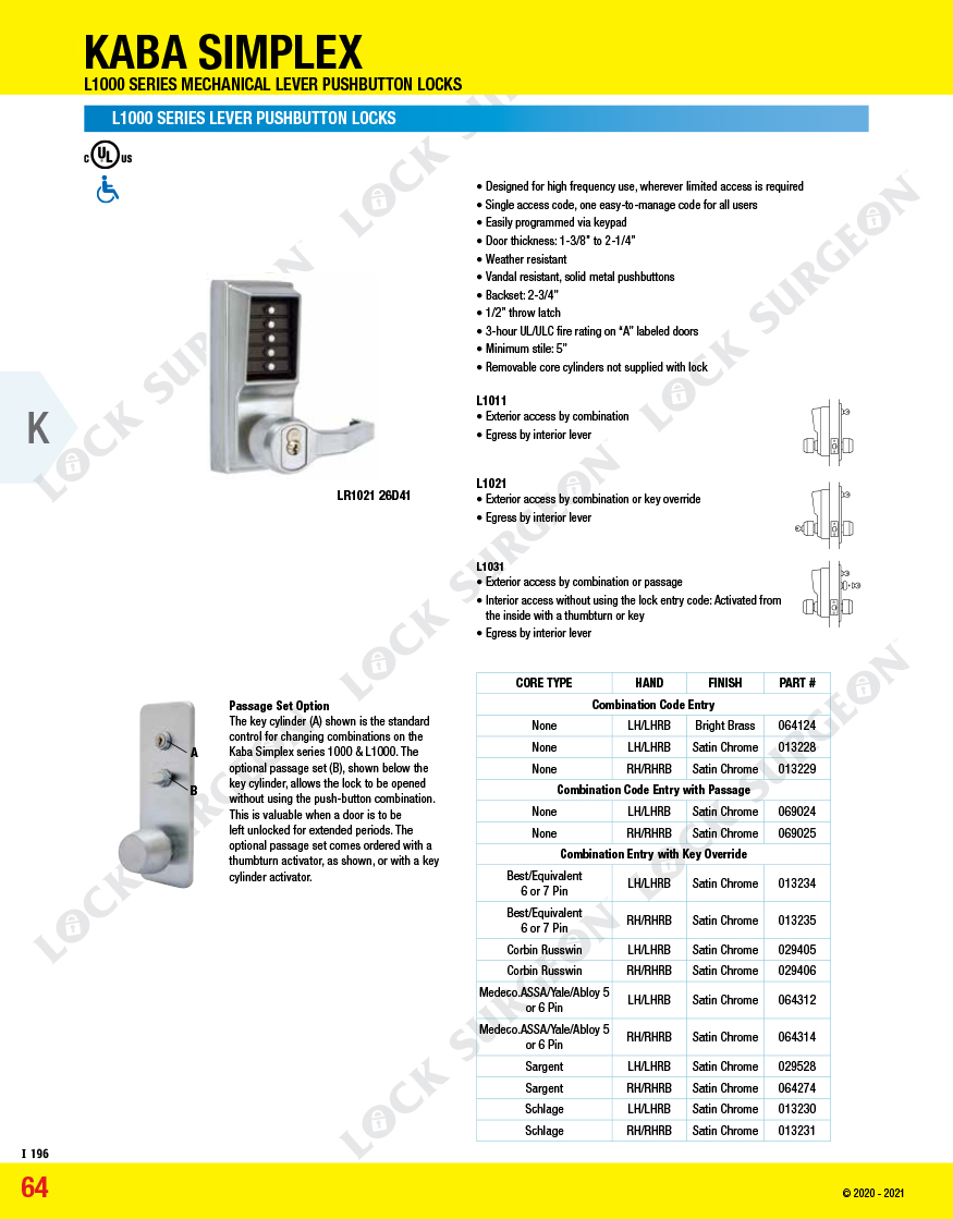 Kelowna Kaba Simplex Push-button Entry-L1000Series Mechanical Lever Push-button Locks.