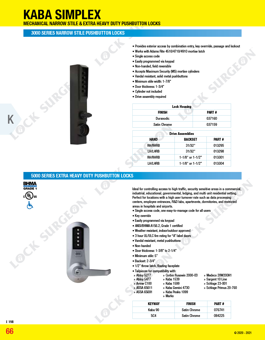 Kelowna Kaba Simplex Push-button Entry Mechanical Narrow Stile and Extra Heavy Duty Push-button Locks.