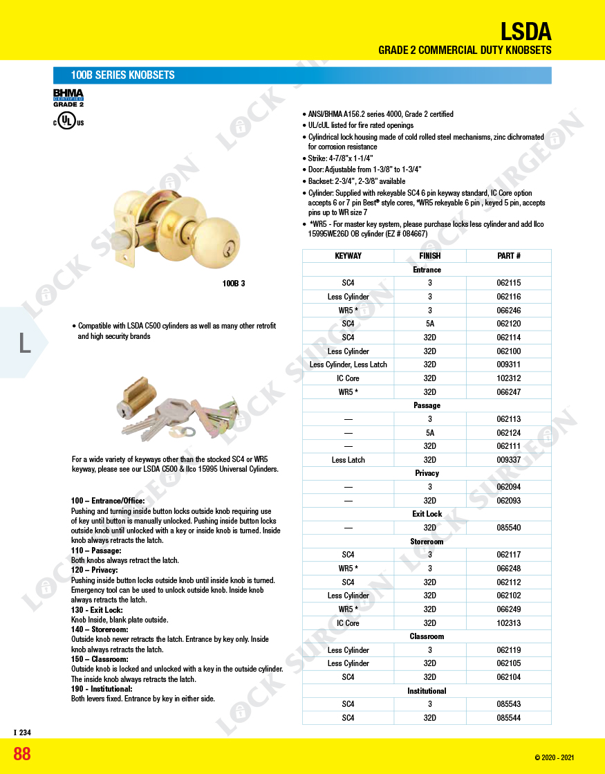 LSDA commercial deadbolts handles grade 2 duty knobsets, 100 series knobset Kelowna.
