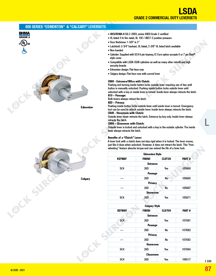 Kelowna LSDA commercial deadbolt handle grade 2 duty leverset, 800 series edmonton & calgary style.