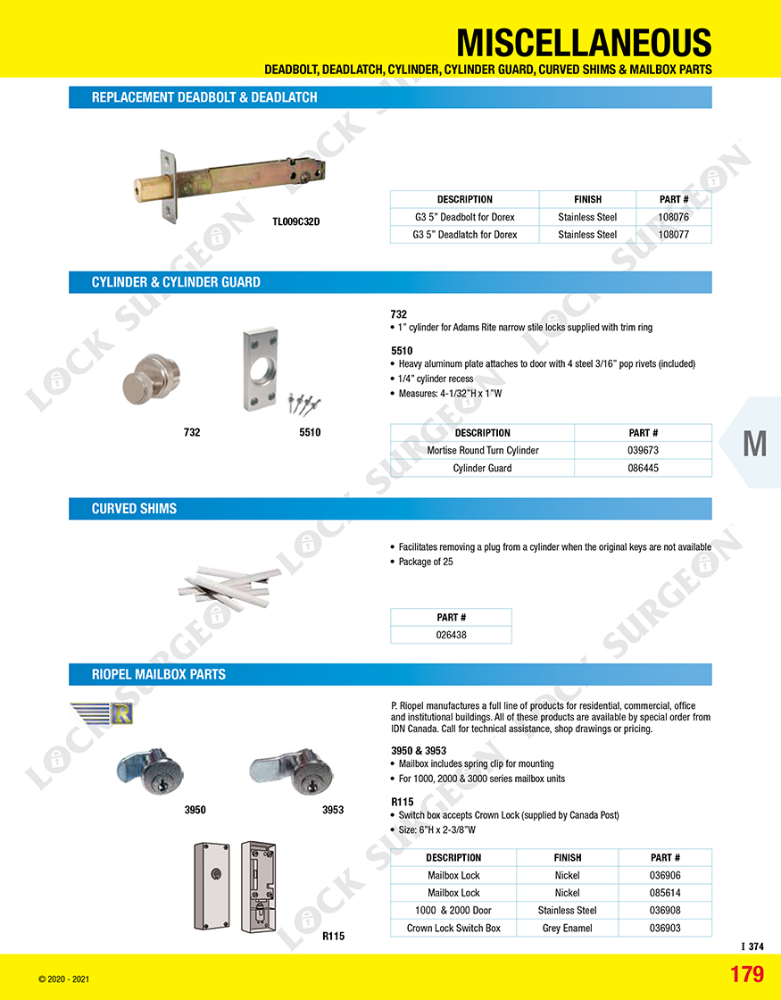 Misc commercial deadbolt, deadlatch, cylinder, guards, curved shims & mailbox parts Kelowna.