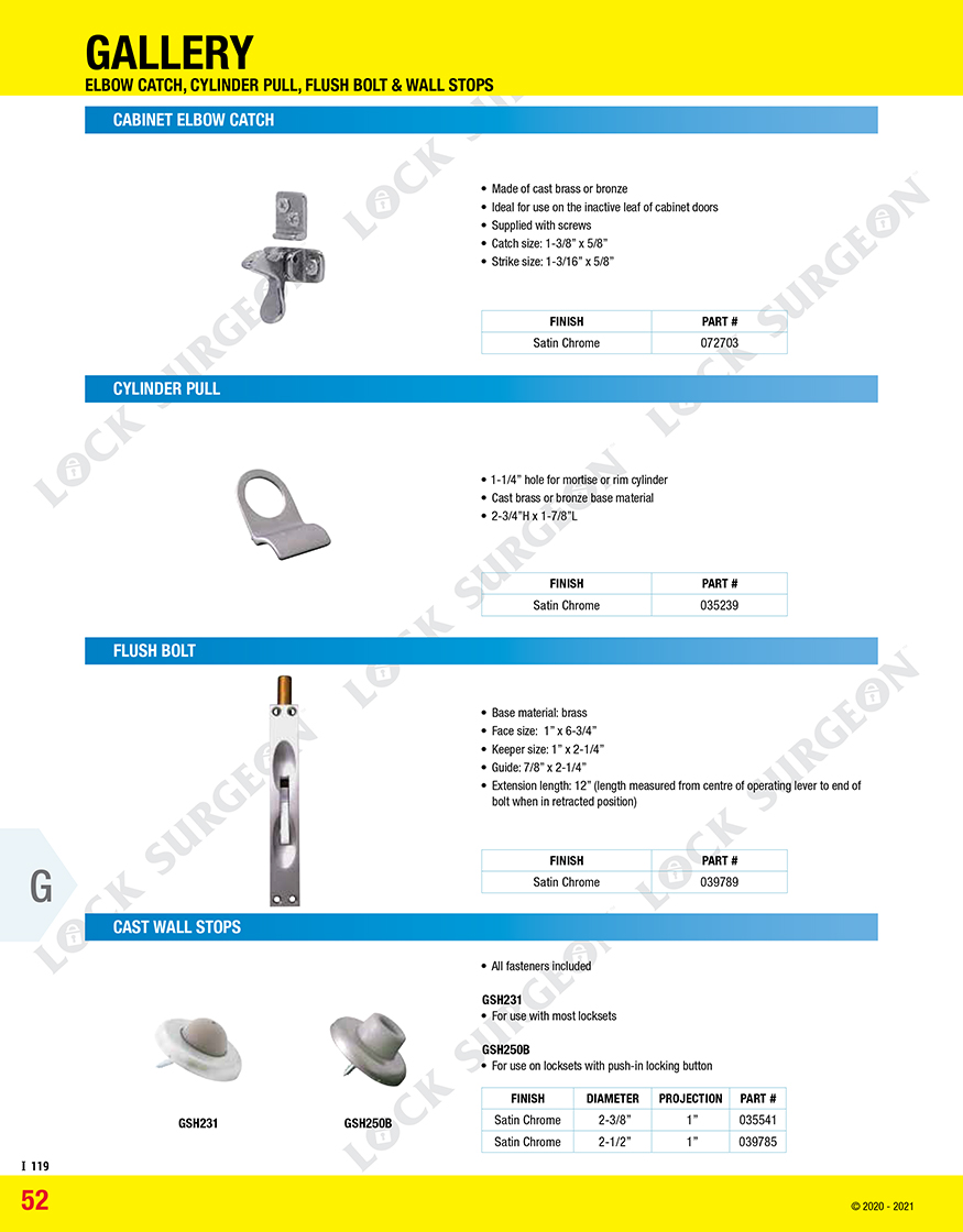Kelowna Misc Commercial Hardware-Elbow Catch-Cylinder Pull-Flush Bolt-Wall Stops.