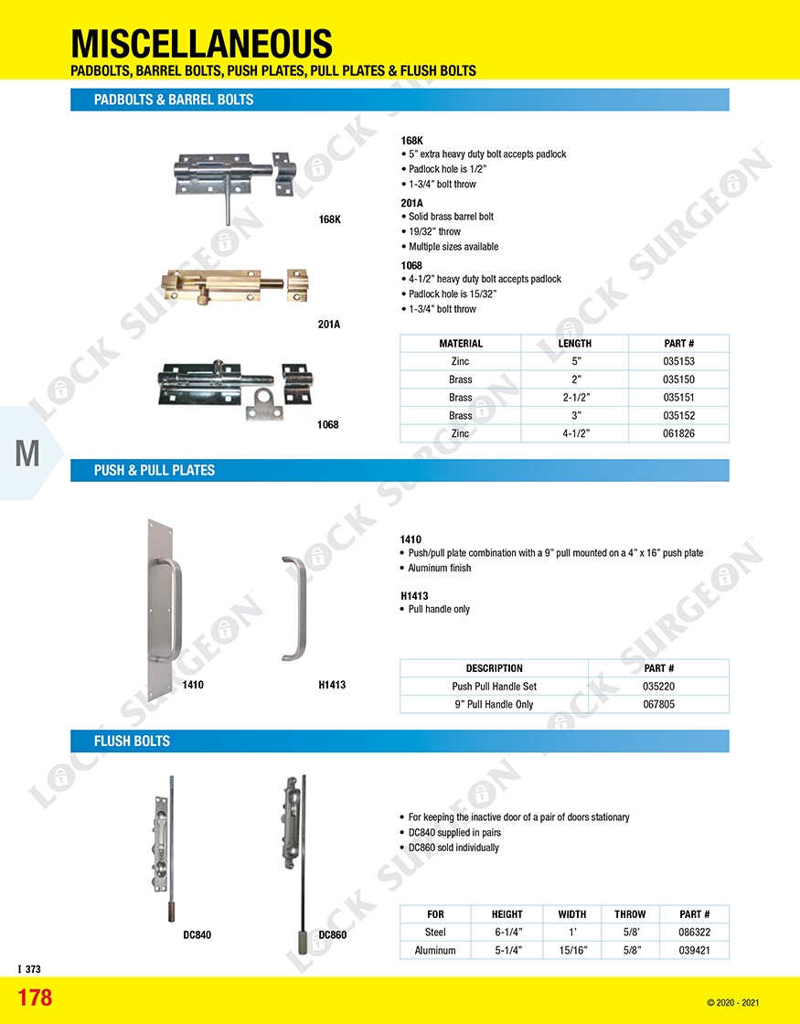 Kelowna misc commercial hardware-padbolts-barrel bolts-push plates-pull plates and flush bolts.