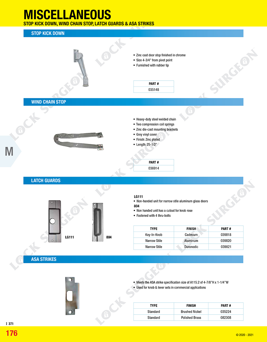 Kelowna Misc Commercial Hardware-Stop Kick Down-Wind Chain Stop-Latch Guards and ASA Strikes.